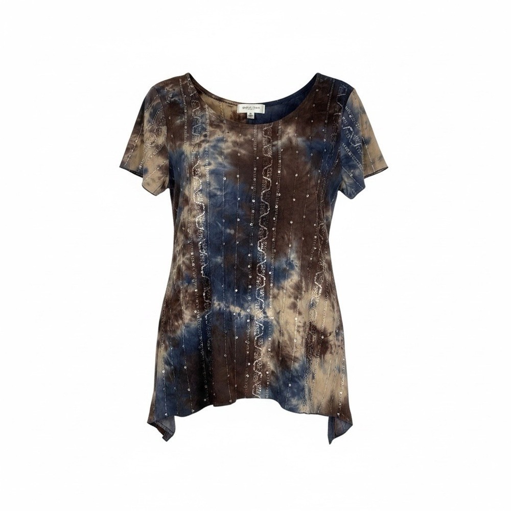 Shannon Ford New York Brown & Blue Tie Dye Sequined Short Sleeve Blouse Sz PXL